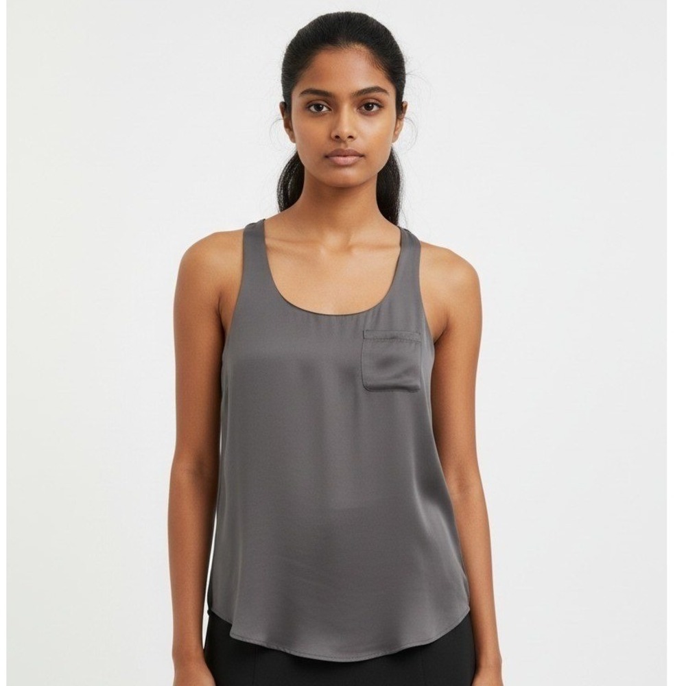 Gap Womens Gray Satin Racerback Tank Top Beaded Trim Pocket XS